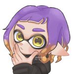  1boy artist_name commentary_request gradient_hair hand_on_own_chin highres inkling inkling_girl medium_hair mina_p multicolored_hair orange_hair pointy_ears purple_hair simple_background solo splatoon_(series) splatoon_3 tentacle_hair translation_request two-tone_hair upper_body white_background yellow_eyes 