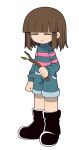  1other androgynous black_footwear blue_shorts blue_sweater boots brown_hair closed_eyes closed_mouth expressionless frisk_(undertale) funamusea_(style) holding holding_stick leaf shirt short_hair shorts simple_background stick striped striped_shirt striped_sweater sweater thc_(thc3795) undertale white_background 