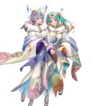  2girls ahoge aqua_eyes ball breasts bubble crystal cuboon fire_emblem fire_emblem_heroes floating floating_ball floating_object forehead_jewel full_body heidr_(fire_emblem) highres japanese_clothes jewelry kimono large_breasts looking_to_the_side multicolored_hair multiple_girls non-web_source obi official_alternate_costume official_art open_mouth parted_lips purple_hair sandals sash second-party_source seidr_(fire_emblem) seidr_(new_year)_(fire_emblem) short_hair smile solo tabi teeth white_background yellow_eyes 