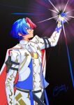  1boy alear_(fire_emblem) alear_(male)_(fire_emblem) ascot blue_gloves blue_hair cape fire_emblem fire_emblem_engage gloves hair_between_eyes highres lamb_(contra_entry) long_sleeves looking_to_the_side male_focus multicolored_hair red_cape red_eyes redhead short_hair simple_background split-color_hair two-tone_hair white_cape 