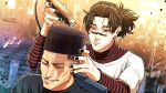  2boys barber barbershop black_hair black_nails choso_(jujutsu_kaisen) electric_razor highres jujutsu_kaisen long_sleeves multiple_boys nose_marking scar scar_across_eye shirt sitting smile striped striped_shirt thirdphp toudou_aoi_(jujutsu_kaisen) 