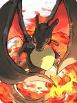  alternate_color animal_focus aomon_(yuuji7604) aura black_skin charizard claws clouds colored_skin commentary_request dragon_wings fire highres horns no_humans pokemon pokemon_(creature) red_eyes shiny_pokemon sparkle tail wings 