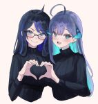  2girls ahoge blue_eyes blue_hair blush closed_mouth earrings glasses heart heart_hands jewelry kson long_hair looking_at_viewer multicolored_hair multiple_girls open_mouth purple_hair rikudou_yura rikudou_yura_(artist) simple_background smile sweater turtleneck two-tone_hair virtual_youtuber white_background 