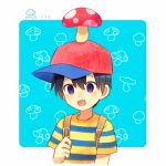  0mzum1 1boy @_@ backpack bag baseball_cap black_hair blue_background blue_shirt blush border commentary_request hair_between_eyes hand_up hat male_focus mother_(game) mother_2 mushroom mushroom_on_head ness_(mother_2) open_mouth outside_border ramblin&#039;_evil_mushroom red_headwear shirt short_hair short_sleeves sideways_hat simple_background solo striped striped_shirt t-shirt two-tone_shirt upper_body violet_eyes white_border yellow_shirt 