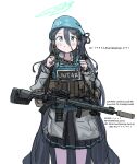  1girl absurdly_long_hair aqua_halo aris_(blue_archive) assault_rifle black_hair blue_archive blue_eyes bright_pupils gun highres holding holding_gun holding_weapon kamigumo long_hair looking_at_viewer military plate_carrier pouch rifle simple_background square_halo standing very_long_hair weapon white_background white_pupils 