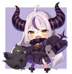  1girl ahoge bird black_coat border braid chibi coat commentary demon_girl demon_horns eyelashes fang grey_hair hololive horns la+_darknesss long_hair looking_at_viewer multicolored_hair open_mouth outstretched_arms purple_hair purple_thighhighs side_braid simple_background single_thighhigh skin_fang sleeves_past_fingers sleeves_past_wrists smile solo standing streaked_hair thigh-highs usushio v-shaped_eyebrows very_long_hair virtual_youtuber white_border yellow_eyes 