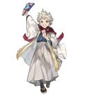  1boy dragonstone envelope fire_emblem fire_emblem_fates fire_emblem_heroes grey_eyes hagoita highres holding holding_envelope japanese_clothes kana_(fire_emblem) kana_(male)_(fire_emblem) kana_(male)_(rising_dragon)_(fire_emblem) kimono looking_at_viewer non-web_source official_alternate_costume official_art open_mouth paddle scarf smile solo spiky_hair white_hair 
