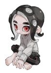  1boy barefoot black_choker black_hair black_pants choker closed_mouth commentary ear_piercing eyebrow_cut full_body grey_sweater highres medium_hair myon_rio octoling octoling_boy pants piercing red_eyes simple_background sitting solo splatoon_(series) sweater tentacle_hair white_background 