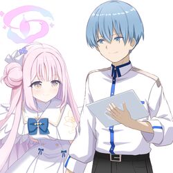  1boy 1girl black_pants blue_archive blue_eyes blue_hair breasts closed_mouth commentary crossover dress hair_between_eyes hair_bun halo himmel_(sousou_no_frieren) holding holding_tablet_pc large_breasts long_hair long_sleeves mika_(blue_archive) o_(rakkasei) pants pink_hair pink_halo sensei_(blue_archive) shirt short_hair simple_background sousou_no_frieren tablet_pc upper_body white_background white_dress white_shirt yellow_eyes 