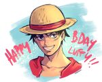  1boy black_hair blue_background close-up ellie_mehl english_commentary happy_birthday hat highres looking_to_the_side male_focus monkey_d._luffy one_piece red_shirt scar scar_on_face shirt short_hair simple_background smile solo straw_hat 