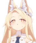  1girl animal_ear_fluff animal_ears bare_shoulders blonde_hair blue_archive commentary_request dress fox_ears halo long_hair n4gare_b0shi parted_lips portrait seia_(blue_archive) simple_background solo triangle_mouth white_background white_dress yellow_eyes yellow_halo 