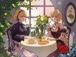  2girls blonde_hair choker citrinne_(fire_emblem) constance_von_nuvelle cup detached_sleeves dress feather_hair_ornament feathers fire_emblem fire_emblem:_three_houses fire_emblem_engage flower food fork garreg_mach_monastery_uniform glass gold_choker hair_ornament hairband highres holding holding_cup holding_fork jewelry long_sleeves looking_at_another manymanylilies multiple_girls necklace open_mouth red_eyes shawl short_hair sitting smile table tea teacup violet_eyes 