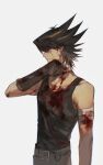  1boy absurdres arm_up bandaged_arm bandaged_neck bandages belt black_hair black_tank_top blood blood_on_bandages blood_on_chest blood_on_clothes blood_on_face blue_eyes brown_gloves elbow_gloves expressionless facial_mark facial_tattoo fudou_yuusei gloves grey_background highres male_focus multicolored_hair naoki_(2rzmcaizerails6) no_jacket pants short_hair simple_background solo spiky_hair standing streaked_hair tank_top tattoo upper_body wiping_face yu-gi-oh! yu-gi-oh!_5d&#039;s 