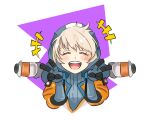  1girl ^_^ absurdres animification apex_legends blue_bodysuit blush bodysuit closed_eyes double_v highres hood hood_down hood_up hooded_jacket jacket open_mouth orange_jacket portrait ribbed_bodysuit scar scar_on_cheek scar_on_face smile solo toxic_pter v wattson_(apex_legends) 