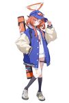  1girl bandaid bandaid_on_face bandaid_on_nose bandaid_on_thigh baseball_cap baseball_jersey black_socks blue_archive eyewear_on_head hat official_art redhead rei_(blue_archive) shoes sneakers socks solo sunglasses third-party_source violet_eyes whistle whistle_around_neck 