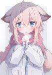  1girl animal_ears arknights blue_eyes blush breath commentary fox_ears fox_girl fox_tail hair_between_eyes jacket long_sleeves looking_at_viewer nalphanne own_hands_together parted_lips pink_hair pink_scarf scarf solo straight-on sussurro_(arknights) tail upper_body white_jacket 
