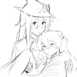  2girls arknights carrying carrying_person greyscale hair_between_eyes hat meatworld9 monochrome multiple_girls red_eyes simple_background skadi_(arknights) sketch specter_(arknights) spot_color white_background 