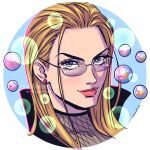  1girl blonde_hair blue_background bubble circle close-up ellie_mehl english_commentary eyelashes fishnet_top fishnets glasses hair_slicked_back highres kalifa_(one_piece) long_hair looking_at_viewer loose_hair_strand one_piece pink_lips simple_background smile solo 