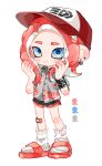  1girl absurdres baseball_cap black_shorts blue_eyes closed_mouth commentary_request ear_piercing earrings full_body hat hawaiian_shirt highres jewelry long_hair myon_rio octoling octoling_girl piercing red_footwear red_trim redhead sandals shirt short_shorts shorts simple_background smile socks solo splatoon_(series) standing tentacle_hair white_background white_socks 