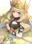  1girl bare_shoulders blonde_hair bow breasts butterfly_hair_ornament celine_(fire_emblem) cleavage_cutout closed_mouth clothing_cutout crown fire_emblem fire_emblem_engage flower gonzarez green_eyes hair_flower hair_ornament halterneck highres holding holding_flower long_hair looking_at_viewer petals small_breasts smile solo very_long_hair wavy_hair 