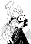  1girl :t absurdres blue_archive greyscale halo hayashi_itsuki highres holding holding_stuffed_toy long_hair long_sleeves looking_at_viewer low_wings monochrome pout skirt solo stuffed_animal stuffed_toy wings 