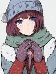  1girl beanie blue_eyes blue_headwear blue_jacket gloves green_scarf hat highres jacket monogatari_(series) purple_gloves purple_hair scarf senjougahara_hitagi snow snowing solo valhalla0707 white_background winter winter_clothes 