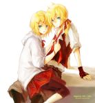  blonde_hair blue_eyes brother_and_sister hair_ornament hairclip i-riya kagamine_len kagamine_rin necktie ponytail short_hair siblings sitting sitting_on_lap sitting_on_person skirt twins vocaloid 
