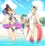  3boys 3girls adult bayonetta bayonetta_(character) beach bikini bracelet breasts cereza child earrings enzo food fruit ice_cream innertube jeanne_(bayonetta) jewelry lipstick long_hair luka_redgrave nasu_(roda_de_estrela) one-piece_swimsuit ribbon rodin short_hair sunglasses swim_trunks swimsuit watermelon white_hair 