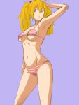  arms_behind_head bikini blue_eyes breasts lowres neon_genesis_evangelion orange_hair sanchuu simple_background solo souryuu_asuka_langley striped swimsuit twintails underboob 