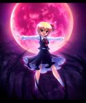  blonde_hair fang full_moon hair_ribbon highres letterboxed moon open_mouth outstretched_arms petticoat poni red_eyes red_moon ribbon rumia short_hair sky smile solo spread_arms star_(sky) starry_sky takeponi touhou 