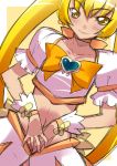  cure_sunshine heartcatch_precure! hikage_eiji legs long_hair magical_girl midriff myoudouin_itsuki precure skirt smile solo twintails very_long_hair yellow yellow_background yellow_eyes 