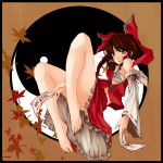  barefoot bow brown_eyes brown_hair detached_sleeves feet hair_bow hakurei_reimu highres japanese_clothes legs long_hair miko nanahara_fuyuki ofuda sarashi short_hair solo touhou yin_yang 