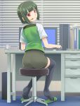  computer computer_keyboard computer_mouse desk from_behind green_hair headset idolmaster looking_back mole muhi11234 otonashi_kotori phone red_eyes sitting skirt slippers solo thigh-highs thighhighs 
