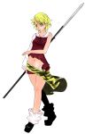  aoshima asymmetrical_clothes blonde_hair bow highres midriff navel open_mouth polearm short_hair skirt socks solo spear toramaru_shou touhou weapon yellow_eyes 