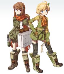  ahoge ascot boots brown_hair gloves gun hand_on_hip long_hair m4_sherman mecha_musume military military_vehicle multiple_girls nijiiro_ink orange_hair original personification scarf sherman sherman_(tank) short_hair skirt tank thigh-highs thighhighs vehicle weapon world_war_ii wwii zettai_ryouiki 