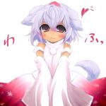  animal_ears bad_id blush brown_eyes detached_sleeves eyebrows goose_h hat inubashiri_momiji silver_hair skirt solo tail tokin_hat touhou v_arms wolf_ears wolf_tail woof 