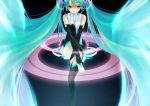  aqua_eyes aqua_hair bad_id breasts bridal_gauntlets cleavage elbow_gloves fingerless_gloves gloves hatsune_miku hatsune_miku_(append) highres legs long_hair miku_append necktie sitting solo strib_und_werde toeless_socks twintails very_long_hair vocaloid vocaloid_append 