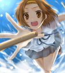  brown_hair hairband k-on! kneehighs loafers open_mouth outstretched_arm outstretched_hand reaching school_uniform shoes short_hair skirt socks solo suzuka_(rose_coffee) tainaka_ritsu white_legwear white_socks 