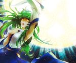 armpits detached_sleeves face green_hair hair_ornament kochiya_sanae long_hair long_skirt skirt snake solo touhou yellow_eyes yukizen