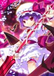  1girl bat_wings eyebrows_visible_through_hair female hat polearm purple_hair red_eyes remilia_scarlet shiratama_dango short_hair smile solo spear touhou weapon wings 