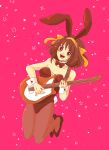  brown_eyes brown_hair bunny_ears bunnysuit erika_(sakana0529) guitar hair_ribbon highres instrument jumping pantyhose rabbit_ears ribbon short_hair suzumiya_haruhi suzumiya_haruhi_no_yuuutsu sweat 