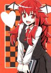  :d arms_in_front bat_wings bodimahattayaougaki body_mahattaya_ginga book breast_press breasts checkered head_wings heart highres koakuma long_hair necktie open_mouth red_eyes red_hair redhead smile solo star symbol-shaped_pupils symmetrical_docking touhou v_arms wings 