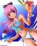  dr_rex drink dutch_angle front-tie_top long_hair original pink_hair polka_dot polka_dot_bikini polka_dot_swimsuit ponytail purple_eyes side-tie_bikini solo swimsuit violet_eyes 