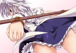  akadume blue_eyes bound_wrists braid izayoi_sakuya maid maid_headdress short_hair silver_hair solo touhou twin_braids 