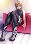  blonde_hair blue_eyes boots digital_media_player earphones hands headphones ipod legs original rezi short_hair sitting solo thigh-highs thighhighs zettai_ryouiki 