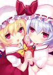  2girls :o blonde_hair blue_hair blush flandre_scarlet hat hat_ribbon holding_hands interlocked_fingers minamura_haruki multiple_girls red_eyes remilia_scarlet ribbon short_hair simple_background slit_pupils touhou wings 