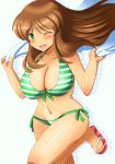  1girl bikini brown_hair green_eyes long_hair original sandals shawl shin&#039;en_(gyokuro_company) striped striped_bikini striped_swimsuit swimsuit wink 