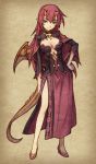  1girl cleavage dragon_girl dragon_tail dragon_wings dress female grand_princess_fire_dragon green_eyes hand_on_hip high_heels highres horns long_hair maoyuu_maou_yuusha matsuryuu monster_girl pointy_ears red_hair redhead shoes side_slit slit_pupils solo tail very_long_hair wings 
