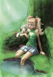  barefoot blonde_hair blue_eyes cozy elf face feet_in_water forest grass hands long_hair nature original pointy_ears sitting smile soaking_feet solo tree twintails water 