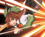  asymmetrical_clothes brown_hair cape eyes face mismatched_footwear reiuji_utsuho short_hair solo touhou uousa weapon wings 